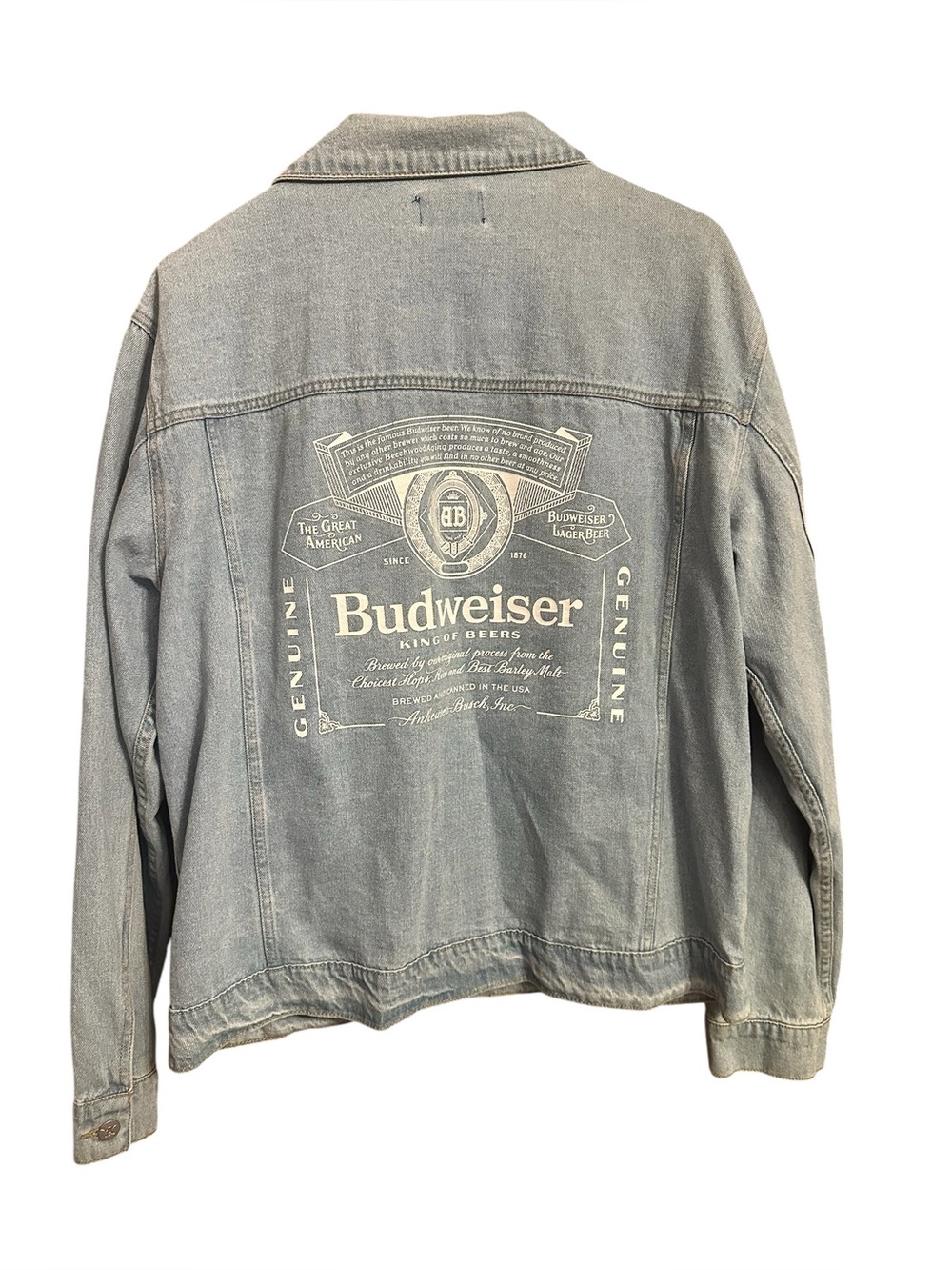 Budweiser Trucker Denim Jacket Size Large USA Flag Alcohol Logo Outdoor Beer